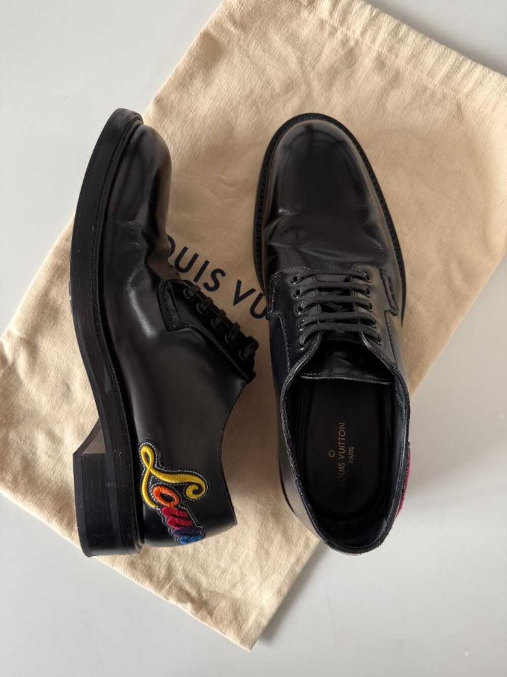 Black Derby Shoes — "Louis" Embroidered Heel Detail